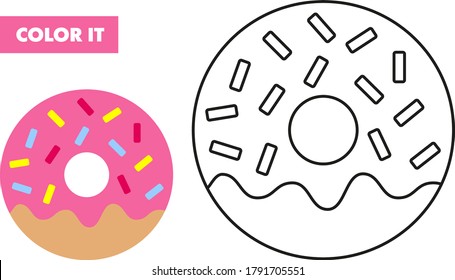 Vector educational puzzle game for children's coloring books yummy pink doughnut for print at home to playing with preschool child on white background