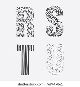 Vector educational set with hand drawn letters sequence from R to U decorated with ink textures.