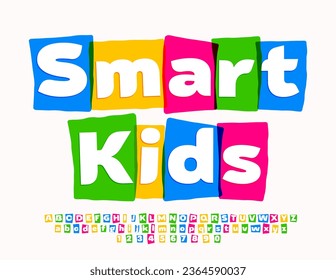 Vector educational sign Smart Kids with watercolor playful Font. Funny set of bright Alphabet Letters and Numbers