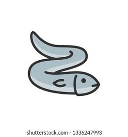 Vector eel, fish, aquatic animal flat color line icon.