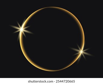 Vector effect of golden circle light line with glow on black background. Golden dust circle with twinkling stars. Place for text.