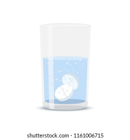 Vector effervescent tablets in glass of water. Aspirine, healthy medicine for treatment of headache, flu. Cup with cure.