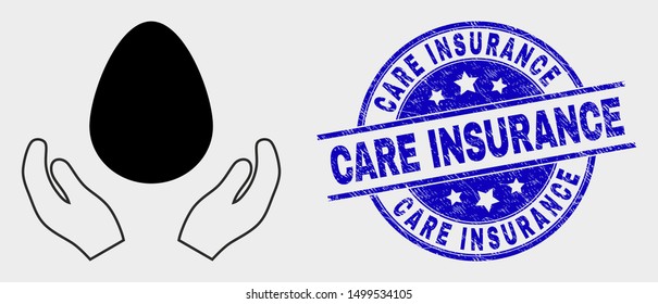 Vector egg care hands icon and Care Insurance watermark. Red rounded grunge watermark with Care Insurance caption. Vector combination in flat style. Black isolated egg care hands icon.