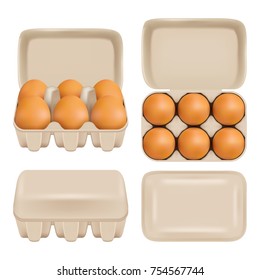 Vector egg carton set. White carton of fresh raw chicken eggs. Consumer pack with brown eggs.