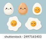 Vector Egg Character Set. Cute Eggs in Kawaii Cartoon Style. Boiled and Fried Egg with Funny Cute Face