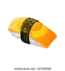 Vector egg sushi with nori in cartoon style.Isolated on white background
