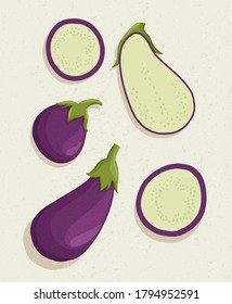 Vector eggplant cartoon illustration with textures. Healthy organic eggplant slices for autumn farm market design.