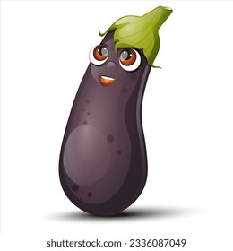 Vector eggplant character on white background. Cute eggplant with eyes. Funny cartoon character