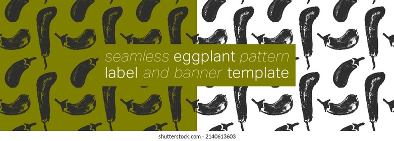 Vector eggplant pattern seamless. Label template design. Aubergine pattern. Aubergine decoration. Vegetarian food. Restaurant banner background. Aubergines backdrop. Purple eggplants. Vegan packaging.