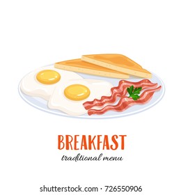 Vector Eggs With Bacon And Toast. Illustration Breakfast For Food Menu Design.