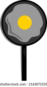 Vector of eggs being fried, complete with frying utensils. White background, seen from the front.