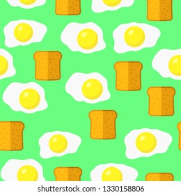 Vector Eggs and Bread Seamless Pattern Isolated on Green Background