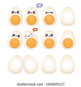 Vector eggs character set isolated on white background. Smiling cute funky kawaii food eggs collection