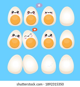 Vector eggs character set isolated on blue background. Smiling cute funky sticker kawaii food eggs collection