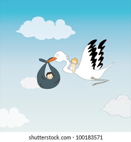 Vector of egret bringing newborn children send to their parents
