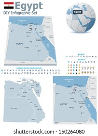 Vector Egypt political and administrative divisions maps, Egypt flag, Earth globe showing country location, map markers and related icon set