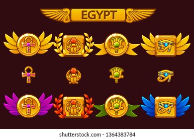 Vector Egyptian awards with Scarab, Eye, flower and Cross. Receiving the cartoon game achievement with colored precious gems.