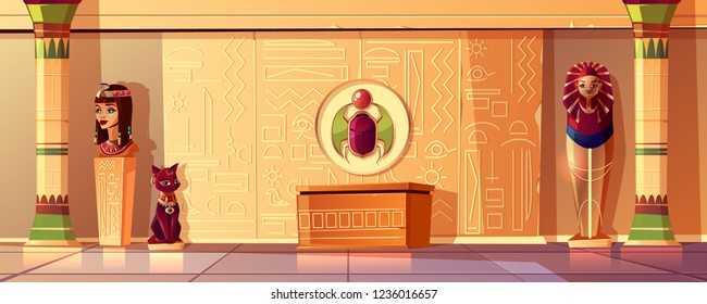 Vector Egyptian cartoon background. Tomb interior - bust of queen, pharaoh sarcophagus, ancient pillar and other symbols of culture. Bastet sculpture, hieroglyphs on wall and scarab. Pyramid inside.