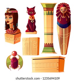 Vector Egyptian cartoon set - bust of queen, pharaoh sarcophagus, ancient pillar and other symbols of culture. Collection of tomb, objects on white background. Bastet sculpture, hieroglyphs and scarab