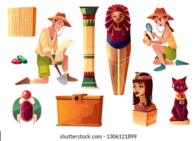 Vector Egyptian cartoon set - paleontologist and archeologist characters, pharaoh sarcophagus and symbols of culture. Collection of tomb, objects on background.Bastet sculpture, hieroglyphs and scarab