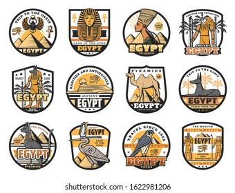 Vector egyptian gods, rarities and antiques, pyramids and museum icons. Camel and scarab, Nefertiti queen and Anubis, Horus God falcon. Egyptian culture, history and religion symbols