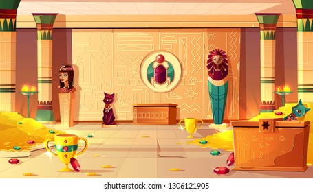 Vector Egyptian Pyramid Cartoon Background. Tomb Interior - Bust Of Queen, Pharaoh Sarcophagus, Ancient Pillar And Treasures, Jewelry. Bastet Sculpture, Hieroglyphs On Wall And Scarab. Gold And Gems.