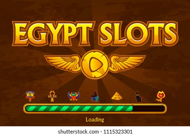 Vector Egyptian slots on background and casino icons. Button play and loading game