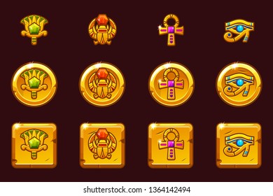 Vector Egyptian symbols with colored precious gems. Egypt golden icons in different versions