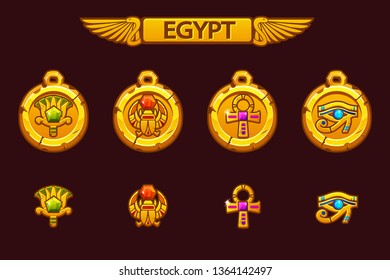 Vector Egyptian talismans with Scarab, Eye, flower and Cross. Olden Egypt golden amulet with colored precious gems.