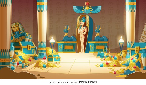 Vector Egyptian tomb - pharaoh sarcophagus with mummy, treasure and other symbols of culture. Cartoon background of ancient pyramid with gold. Anubis, Bastet sculptures, hieroglyphs and scarab.