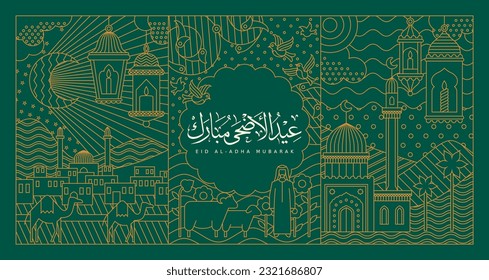 Vector of Eid Adha in arabic calligraphy style with floral ornament consist man, sheep, birds, lamps, mosque, camel, moon for greeting card design. Translation calligraphy title is Sacrifice Feast