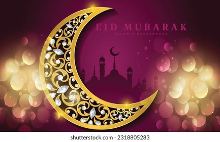 Vector eid al adha mubarak background design with crescent moon and mosque