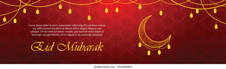 Vector Eid Al Firt background with sparkling glitter golden textured moon with stars on red glow background for Muslim holy month. Seasonal holidays greeting card template.