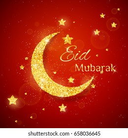 Vector Eid Al Firt background with sparkling glitter golden textured moon with stars on red glow background for muslim holy month. Seasonal holidays greeting card template