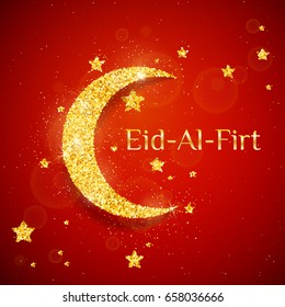 Vector Eid Al Firt background with sparkling glitter golden textured moon with stars on red glow background for muslim holy month. Seasonal holidays greeting card template
