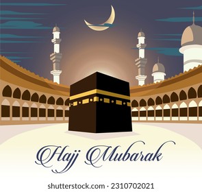 vector eid al hajj mubarak kaaba with towers and mosques masjidil haram mecca saudi arabia moon crescent and cloudy dark sky night time