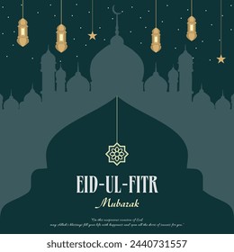 El "Vector" es una tarjeta de felicitación de Eid al-Fitr con una silueta de mezquita decorada con linternas. El texto dice “Eid-ul-Fitr Mubarak”, ¡que significa feliz Eid!