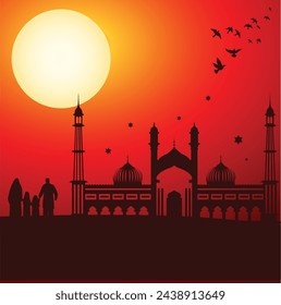 Vector Eid al-Fitr illustration with family praying for Ramzan
