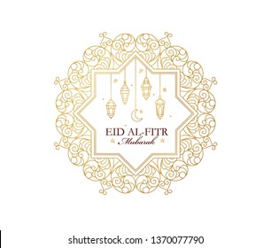 Vector Eid al-Fitr Mubarak greeting card. Banner with stars, lantern, crescent, golden decoration for muslim holiday. Arabic emblem. Eastern style. Islam background.Card for Feast of Breaking the Fast
