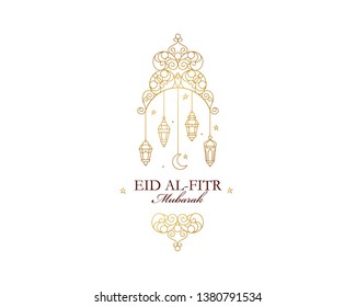 Vector Eid al-Fitr Mubarak greeting card. Banner with stars, lantern, crescent, golden decoration for muslim holiday. Arabic emblem. Eastern style. Islamic card. Feast of Breaking the Fast.