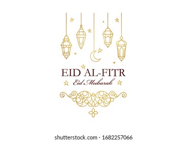 Vector Eid al-Fitr Mubarak greeting card. Banner with stars, lantern, crescent, golden decor for muslim traditional holiday. Arabic emblem. Eastern style. Islam background. Feast of Breaking the Fast.