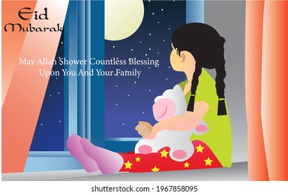 Vector Eid greeting card along with child seeing moon