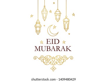 Vector Eid Mubarak card. Vintage banner for Ramadan Kareem wishing. Arabic lamps, crescent, stars. Gold emblem in Eastern style. Islamic background. Badge for Muslim feast of the holy of Ramadan month