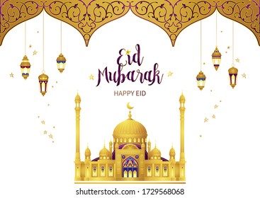 Vector Eid Mubarak card. Vintage banner for Happy Eid wishing. Arabic decoration, mosque, lanterns, stars. Gold arch in Eastern style. Islamic holiday background. Muslim feast of of Ramadan Month