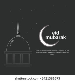 Vector eid mubarak creative greeting post template. Simple holy eid mubarak social media banner design with mosque, minaret, crescent, star, sky.