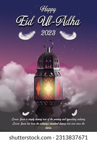 Vector Eid ul adha poster with lanterns moon and clouds.
