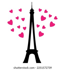 Vector Eifel Tower Paris Bursting With St Valentines Day Pink Red Hearts Of Love. Perfect for travel themed postcards, greeting cards, wedding invitations.