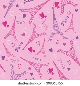 Vector Eifel Tower Paris Love Pink Purple Drawing Seamless Pattern with romantic hearts. Perfect for travel themed designs products, bags, accessories, luggage, clothing.