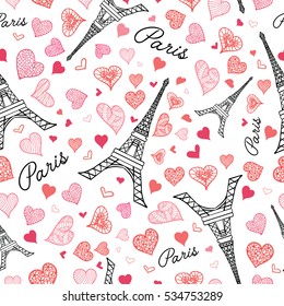 Vector Eifel Tower Paris Seamless Repeat Pattern Bursting With St Valentines Day Pink Red Hearts Of Love. Perfect for travel themed postcards, greeting cards, wedding invitations.