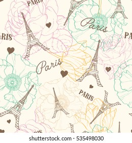 Vector Eifel Tower Paris Seamless Pattern In Vintage Style With Beautiful, Romantic Pastel Flowers. Perfect for travel themed postcards, greeting cards, wedding invitations. Repeat design.